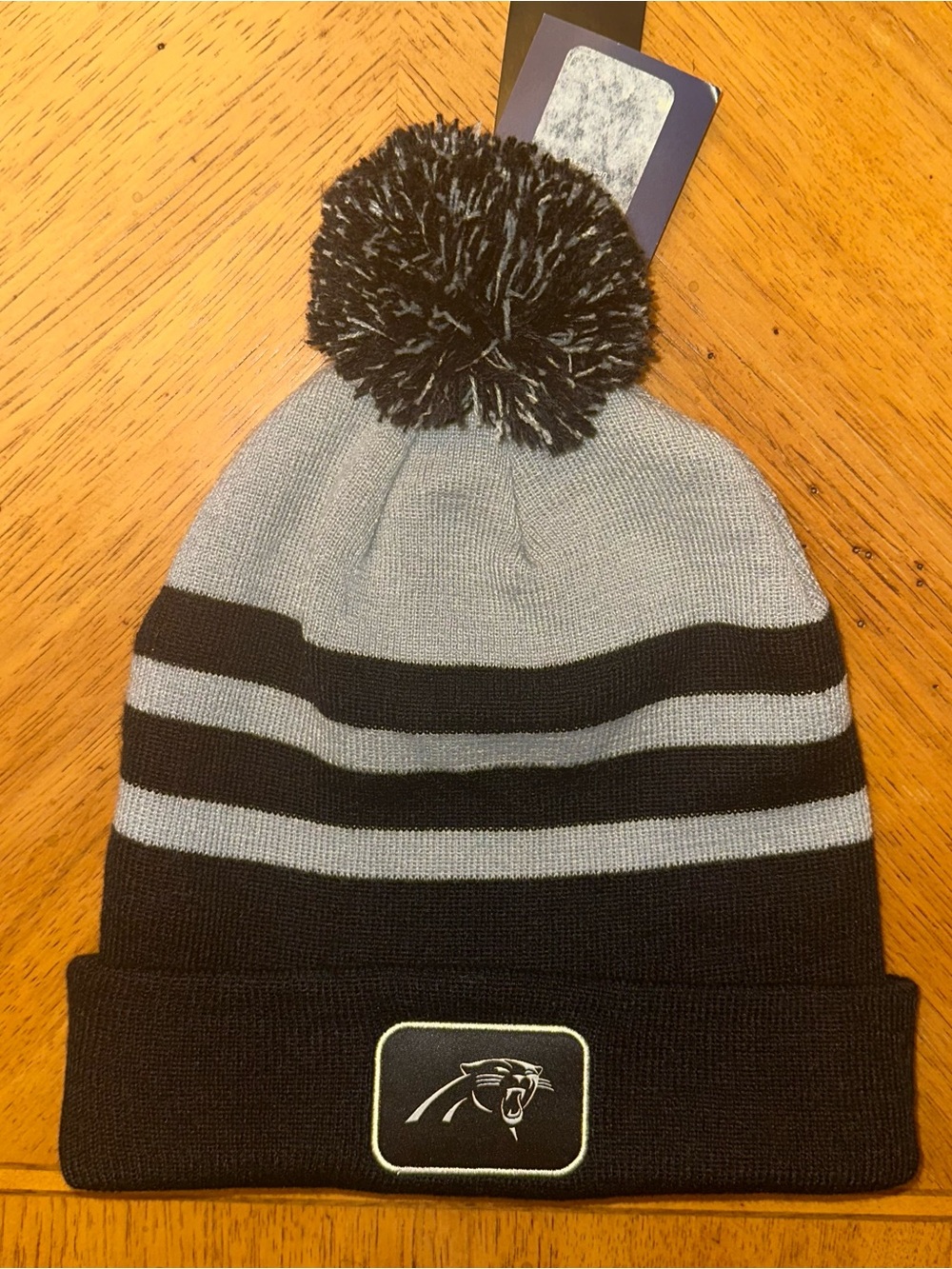 Fanatics Carolina Panthers Cuffed Knit Beanie Hat Pom Black Silver New Nwt
